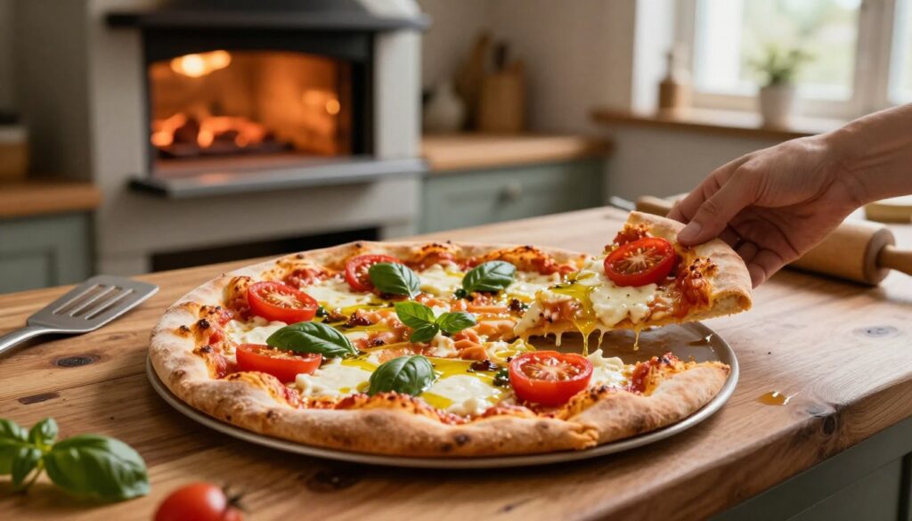 A golden, perfectly baked pizza on a rustic wooden countertop, showcasing a variety of colorful toppings: vibrant red tomatoes, fresh green basil, gooey melted mozzarella cheese, and a drizzle of olive oil. In the foreground, a hand gently pulls a slice, demonstrating the soft texture of the crust. The middle ground features a traditional oven with a slight warmth emanating from it, and a few kitchen utensils scattered around, including a spatula and a rolling pin. The background captures warm, ambient lighting filtering through a cozy kitchen window, creating an inviting atmosphere. The overall mood is one of comfort and culinary delight, highlighting the importance of careful baking to avoid drying the dough and cheese.