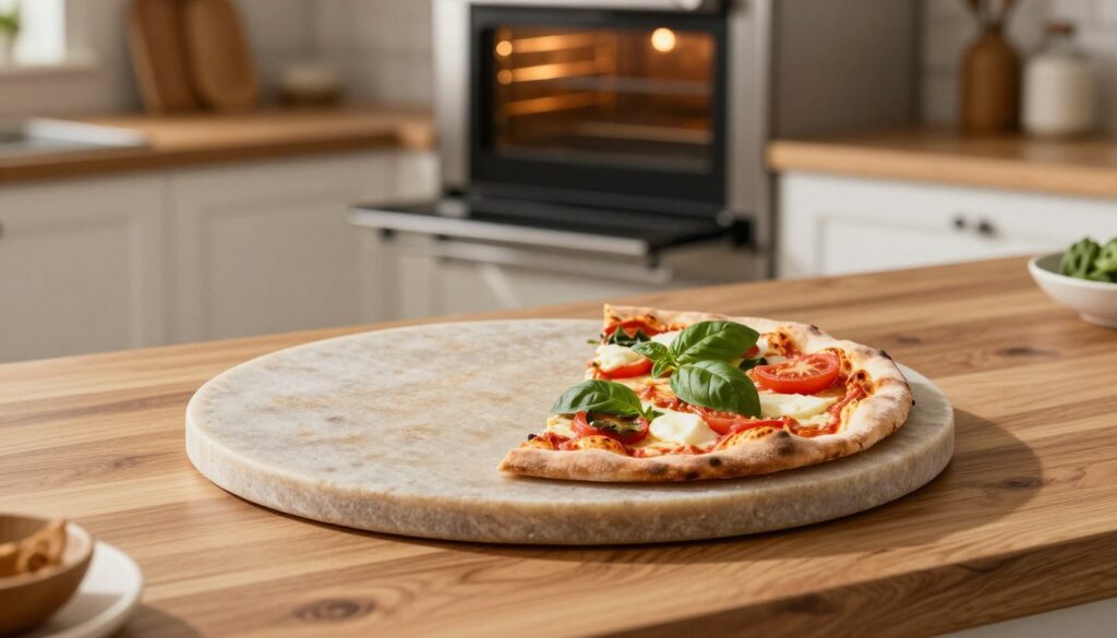 A high-quality image of a pizza stone in a modern home kitchen, placed on a wooden countertop. In the foreground, the pizza stone is round, with a slightly textured surface, displaying subtle heat markings. On top of the stone, a delicious homemade pizza is being placed, featuring a golden-brown crust, fresh basil leaves, and vibrant toppings of mozzarella cheese and ripe tomatoes. The middle ground showcases an oven with the door slightly ajar, revealing the glowing interior. Soft, warm lighting casts gentle shadows, creating an inviting atmosphere. The background is blurred out, emphasizing the culinary focus of the scene, with hints of kitchen utensils and a rustic décor that enhance the cozy vibe of home cooking. A high-quality image of a pizza stone in a modern home kitchen, placed on a wooden countertop. In the foreground, the pizza stone is round, with a slightly textured surface, displaying subtle heat markings. On top of the stone, a delicious homemade pizza is being placed, featuring a golden-brown crust, fresh basil leaves, and vibrant toppings of mozzarella cheese and ripe tomatoes. The middle ground showcases an oven with the door slightly ajar, revealing the glowing interior. Soft, warm lighting casts gentle shadows, creating an inviting atmosphere. The background is blurred out, emphasizing the culinary focus of the scene, with hints of kitchen utensils and a rustic décor that enhance the cozy vibe of home cooking.