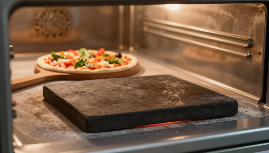 A high-quality image of a pizza stone in an oven, prominently displayed in the foreground. The stone, rectangular and made of dark ceramic, is heated and emits a subtle glow, suggesting optimal cooking temperature. In the middle, a wooden pizza peel rests against the oven’s edge, with a freshly prepared pizza topped with vibrant ingredients, ready to be placed onto the hot stone. The background features the inner workings of a modern oven, with a soft but illuminating backlight that creates a warm, inviting atmosphere. The scene is captured at a slight angle to provide depth and focus on the textures of the pizza stone and pizza. Natural lighting enhances the vivid colors of the toppings, evoking a sense of anticipation and culinary delight.