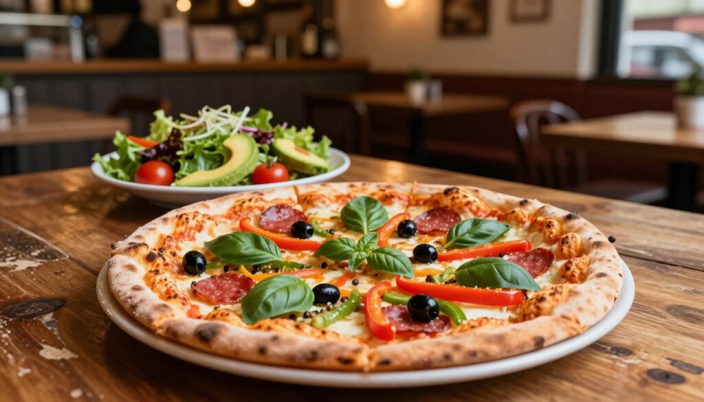 A large, 45 cm pizza placed prominently in the foreground, topped with a variety of vibrant ingredients such as pepperoni, bell peppers, black olives, and fresh basil leaves. The pizza sits on a rustic wooden table with a slightly worn surface, emphasizing its artisanal nature. In the middle ground, a healthy salad made of mixed greens, cherry tomatoes, and avocado is arranged neatly, symbolizing a healthier alternative. The background features a cozy Italian pizzeria with warm, inviting lighting that casts a soft glow over the scene. The atmosphere is friendly and casual, perfect for a relaxed dining experience. The composition captures the essence of indulgence and balance in diet, showcasing the caloric implications of a large pizza.