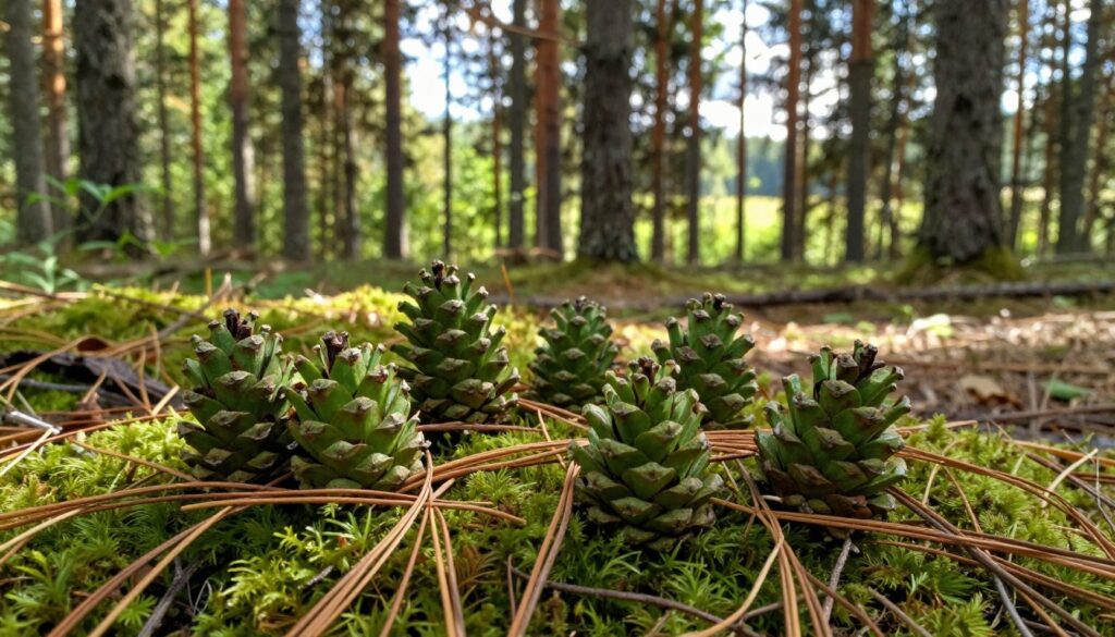 A lush forest scene in Poland, showcasing a cluster of edible pine cones, featuring the unique shapes and textures of the szyszkowiec łuskowaty (Lobaria pulmonaria). In the foreground, focus on several vibrant, green, scaly pine cones nestled among rich moss and fallen pine needles, highlighting their intricate details. The middle ground reveals a tranquil forest with tall, slender pine trees reaching towards a soft, dappled sunlight filtering through the leaves, casting gentle shadows on the ground. In the background, a soft blur of green foliage and hints of distant trees give depth to the scene. The overall mood is serene and inviting, ideal for foraging enthusiasts, with warm, natural lighting accentuating the earthy colors. The angle is slightly elevated, providing a comprehensive view of this natural habitat. A lush forest scene in Poland, showcasing a cluster of edible pine cones, featuring the unique shapes and textures of the szyszkowiec łuskowaty (Lobaria pulmonaria). In the foreground, focus on several vibrant, green, scaly pine cones nestled among rich moss and fallen pine needles, highlighting their intricate details. The middle ground reveals a tranquil forest with tall, slender pine trees reaching towards a soft, dappled sunlight filtering through the leaves, casting gentle shadows on the ground. In the background, a soft blur of green foliage and hints of distant trees give depth to the scene. The overall mood is serene and inviting, ideal for foraging enthusiasts, with warm, natural lighting accentuating the earthy colors. The angle is slightly elevated, providing a comprehensive view of this natural habitat.