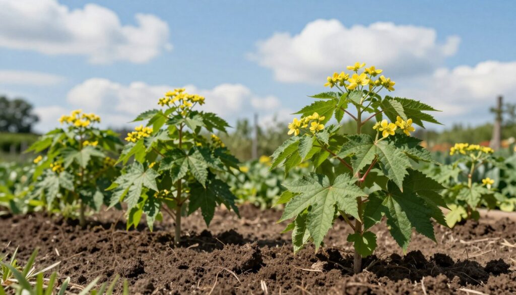 A lush garden scene showcasing a suitable position for growing edible dogwood (Cornus mas) in Polish conditions. In the foreground, rich, dark brown soil is prepared for planting, indicating good drainage and nutrient content. The middle ground features young dogwood plants with vibrant green leaves and clusters of small, delicate yellow flowers, symbolizing the start of fruiting. The background displays a sunny blue sky with a few fluffy white clouds, casting soft, natural light on the garden. The atmosphere is serene and inviting, illustrating a healthy growing environment. The focus is sharp on the plants, creating an engaging perspective that emphasizes the importance of soil health and location for successful cultivation.