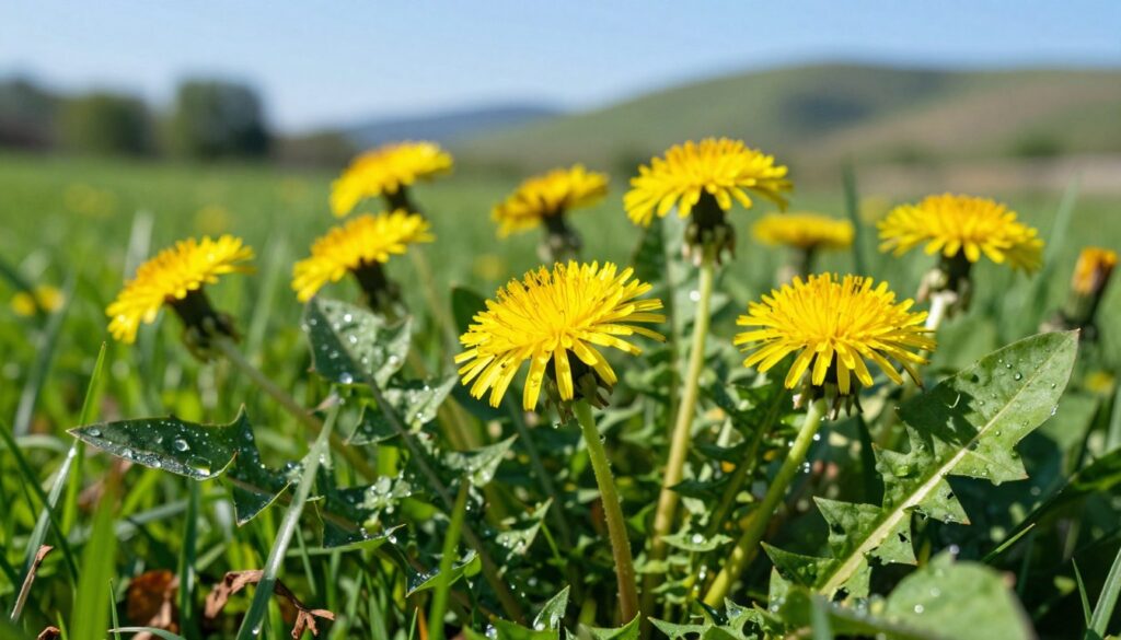 A lush green field filled with vibrant dandelion plants, showcasing their bright yellow flowers and nutrient-rich leaves. In the foreground, a close-up view of fresh dandelion leaves glistening with morning dew, emphasizing their crisp texture. In the middle ground, several dandelions are in bloom, their cheerful yellow petals contrasting against the deep green foliage. The background is a soft-focus landscape of rolling hills under a clear blue sky, with sunlight casting a warm glow over the scene. The atmosphere is tranquil and inviting, highlighting the beauty of these edible plants. The image is captured with a macro lens to accentuate the details, with soft, natural lighting to enhance the vibrant colors. A lush green field filled with vibrant dandelion plants, showcasing their bright yellow flowers and nutrient-rich leaves. In the foreground, a close-up view of fresh dandelion leaves glistening with morning dew, emphasizing their crisp texture. In the middle ground, several dandelions are in bloom, their cheerful yellow petals contrasting against the deep green foliage. The background is a soft-focus landscape of rolling hills under a clear blue sky, with sunlight casting a warm glow over the scene. The atmosphere is tranquil and inviting, highlighting the beauty of these edible plants. The image is captured with a macro lens to accentuate the details, with soft, natural lighting to enhance the vibrant colors.