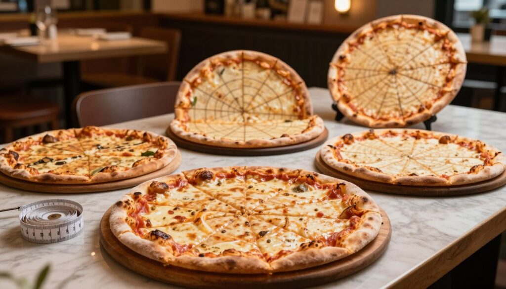 A meticulously arranged display of various pizza sizes, showcasing their standard cut patterns according to diameter. In the foreground, a large round pizza, freshly baked, cut into equal triangular slices, lying on a wooden pizza board, with a measuring tape beside it for scale. In the middle, several pizzas of varying diameters (small, medium, large) on an elegant table setting, each demonstrating a different cutting style for sharing. The background features a soft-focus pizzeria ambiance with rustic wooden accents and warm overhead lighting. Use a shallow depth of field to emphasize the pizzas in the foreground while the background remains soft and inviting. The mood is cozy and informative, perfect for illustrating the art of pizza cutting standards.