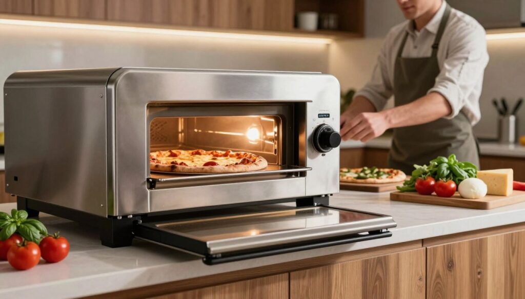 A modern kitchen featuring a sleek, stainless steel pizza oven prominently in the foreground, positioned on a stylish countertop with wooden accents. The oven's door is slightly ajar, revealing a perfectly baked pizza with a golden crust and melted cheese. In the middle ground, a chef in modest casual clothing is adjusting the oven's temperature dial, surrounded by vibrant ingredients such as fresh basil, tomatoes, and mozzarella cheese. The background showcases an inviting kitchen atmosphere with warm lighting, emphasizing a cozy cooking environment. The scene captures the essence of perfect pizza baking, with attention to detail in the textures of the oven and ingredients, creating a moment of culinary artistry.