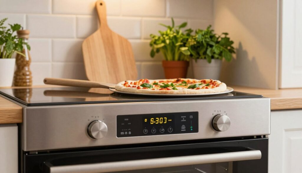 A modern kitchen featuring a well-prepared oven set for baking pizza, showcasing vibrant colors. In the foreground, a close-up view of the oven's digital display showing optimal baking settings for pizza, with clearly visible temperature and timer options. The middle ground includes a wooden pizza peel resting against the oven, with a freshly made pizza ready for baking. The background is a stylish kitchen with warm lighting, highlighting a tiled backsplash and vibrant herbs in pots. The overall mood is inviting and warm, emphasizing the joy of home cooking. Soft, even lighting creates a cozy atmosphere, as if capturing the moment just before making a delicious pizza. A modern kitchen featuring a well-prepared oven set for baking pizza, showcasing vibrant colors. In the foreground, a close-up view of the oven's digital display showing optimal baking settings for pizza, with clearly visible temperature and timer options. The middle ground includes a wooden pizza peel resting against the oven, with a freshly made pizza ready for baking. The background is a stylish kitchen with warm lighting, highlighting a tiled backsplash and vibrant herbs in pots. The overall mood is inviting and warm, emphasizing the joy of home cooking. Soft, even lighting creates a cozy atmosphere, as if capturing the moment just before making a delicious pizza.