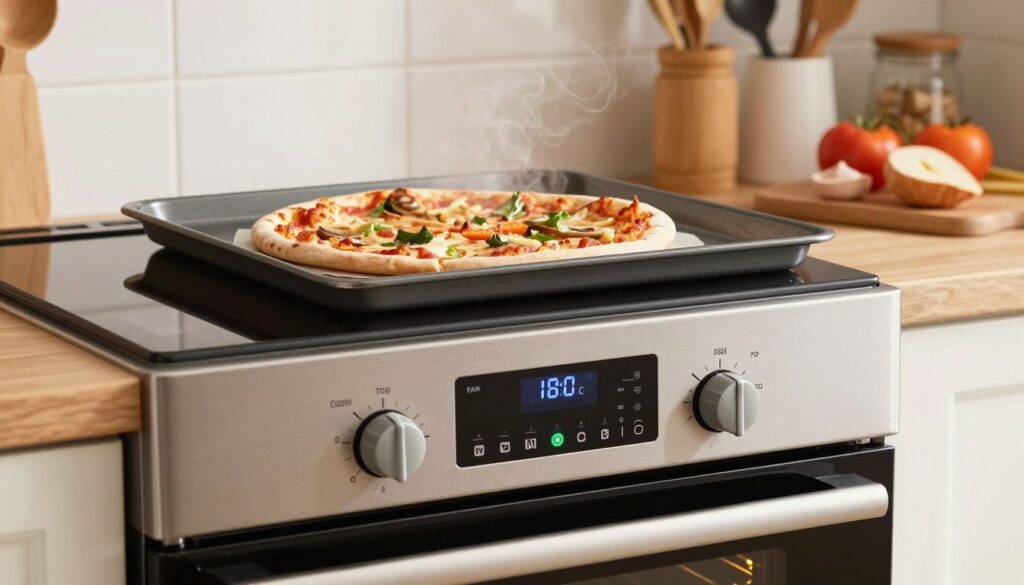 A modern kitchen interior featuring an oven with dials and settings displayed vividly. In the foreground, focus on the oven's control panel, showcasing settings for fan, top and bottom heat, grill, and rack level, all highlighting the temperature at 180°C. The middle ground includes a large, delicious pizza on a baking tray placed just outside the oven, steaming slightly to suggest it's just come out. The background features well-organized kitchen tools and ingredients, with soft, warm lighting creating a cozy atmosphere. The scene is shot at an angle that provides a clear view of the oven and pizza, evoking a sense of culinary warmth and inviting home cooking. Make sure the image captures the essence of preparing the perfect pizza.