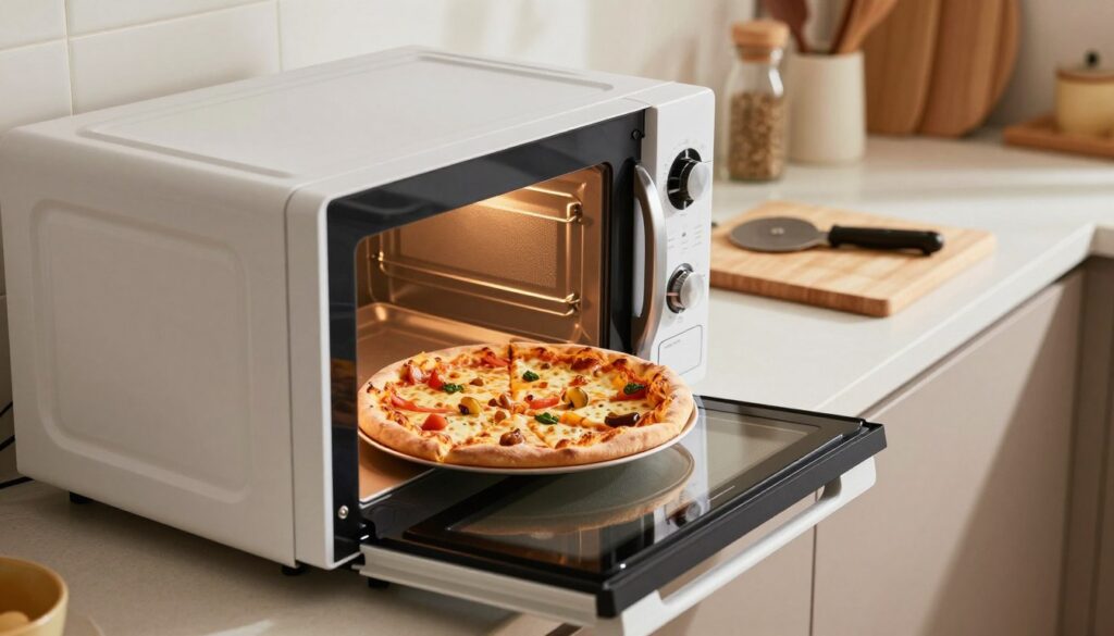 A modern kitchen scene featuring a sleek microwave oven in the foreground, its door slightly open to reveal a slice of pizza being heated inside. The pizza has a golden crust, bubbling cheese, and vibrant toppings, showcasing its deliciousness. In the middle ground, there's a stylish countertop with a cutting board and a pizza cutter, emphasizing preparation. The background includes a cozy kitchen atmosphere with soft, warm lighting, highlighting various kitchen gadgets and utensils. The angle captures a slight overhead view, creating depth and inviting the viewer into the scene. The mood is casual and inviting, evoking a sense of home cooking and comfort.