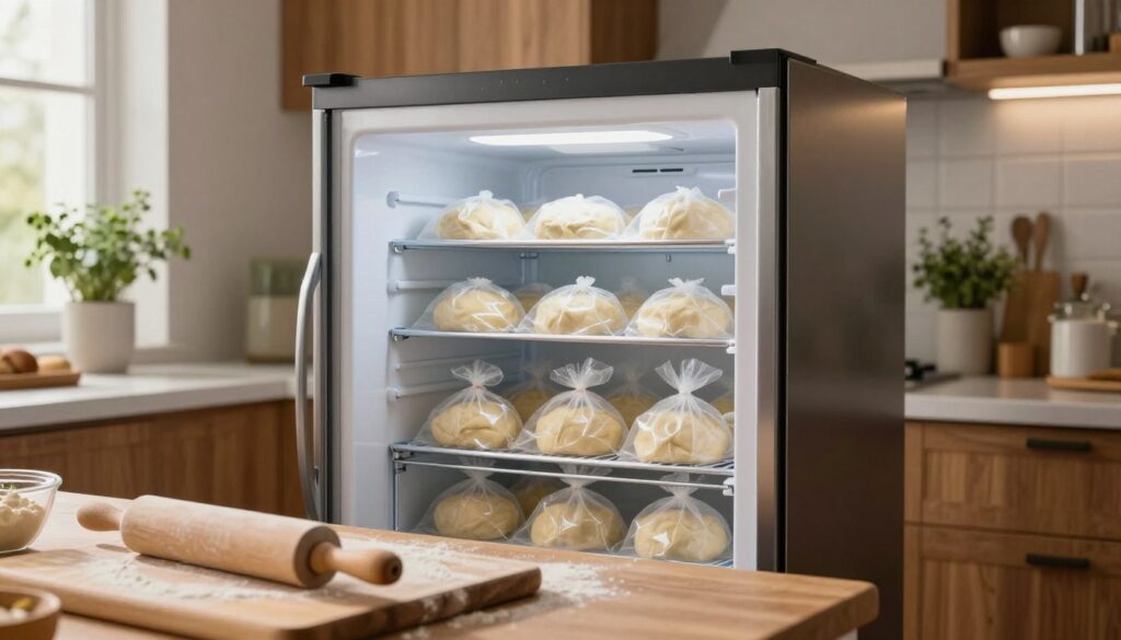 A modern kitchen scene featuring a well-stocked upright freezer, half-open to reveal neatly wrapped pizza dough balls in clear plastic bags. The freezer is sleek and metallic, reflecting soft natural light coming from a nearby window, illuminating the dough and enhancing the textures. In the foreground, a wooden cutting board is artfully placed with a rolling pin and flour scattered around, hinting at pizza preparation. In the background, warm kitchen elements like wooden cabinets and herbs in pots create a cozy atmosphere. The overall mood is inviting and culinary-focused, capturing the essence of pizza storage and preparation. A wide-angle lens perspective adds depth to the image, emphasizing the freezer as the focal point.