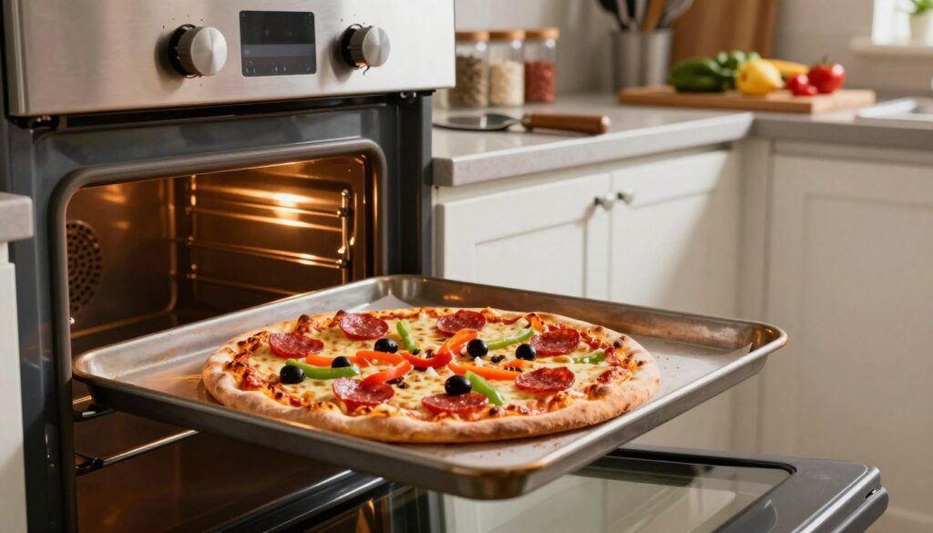 A modern kitchen scene featuring an open oven displaying a perfectly baked pizza on a baking tray. The pizza should have a golden-brown crust, melting cheese, and vibrant toppings like pepperoni, bell peppers, and black olives. The foreground includes the oven's stainless steel interior with warm, glowing light illuminating the pizza, creating a welcoming atmosphere. In the middle, a kitchen counter with various utensils and a pizza cutter rests beside the oven, suggesting readiness for serving. The background shows neatly organized spice jars and a cutting board with ingredients, capturing a homey vibe. The lighting is warm and inviting, designed to evoke the feeling of a cozy cooking environment, shot from a slightly low angle to emphasize the appealing details of the pizza and the oven. A modern kitchen scene featuring an open oven displaying a perfectly baked pizza on a baking tray. The pizza should have a golden-brown crust, melting cheese, and vibrant toppings like pepperoni, bell peppers, and black olives. The foreground includes the oven's stainless steel interior with warm, glowing light illuminating the pizza, creating a welcoming atmosphere. In the middle, a kitchen counter with various utensils and a pizza cutter rests beside the oven, suggesting readiness for serving. The background shows neatly organized spice jars and a cutting board with ingredients, capturing a homey vibe. The lighting is warm and inviting, designed to evoke the feeling of a cozy cooking environment, shot from a slightly low angle to emphasize the appealing details of the pizza and the oven.
