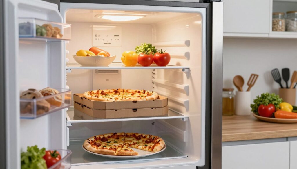 A modern kitchen scene showcasing a refrigerator open, filled with various food items, including leftover pizza boxes on the middle shelf. The refrigerator should have a sleek, stainless steel design reflecting soft overhead lighting that creates a warm, inviting atmosphere. In the foreground, there are a few slices of pizza neatly arranged on a small plate, highlighting their crispy texture. The background consists of a vibrant kitchen countertop with kitchen utensils and some fresh vegetables to add color, while the focus remains on the refrigerator and pizza. The image conveys a sense of organization and readiness for reheating, emphasizing safe food storage. A modern kitchen scene showcasing a refrigerator open, filled with various food items, including leftover pizza boxes on the middle shelf. The refrigerator should have a sleek, stainless steel design reflecting soft overhead lighting that creates a warm, inviting atmosphere. In the foreground, there are a few slices of pizza neatly arranged on a small plate, highlighting their crispy texture. The background consists of a vibrant kitchen countertop with kitchen utensils and some fresh vegetables to add color, while the focus remains on the refrigerator and pizza. The image conveys a sense of organization and readiness for reheating, emphasizing safe food storage.