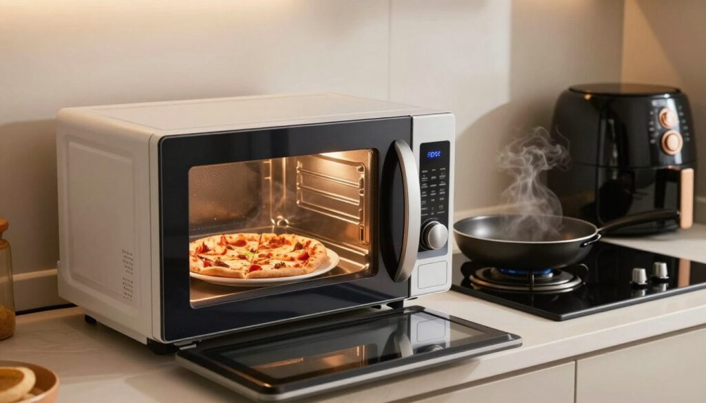 A modern kitchen scene showcasing a sleek microwave oven as the focal point. In the foreground, the microwave is open, revealing a tasty slice of pizza on a plate inside. The microwave features a digital display and a shiny finish, highlighting its contemporary design. In the middle, a frying pan sits on a stove, and a small air fryer is visible nearby, hinting at alternative cooking methods. The background features soft kitchen cabinetry and subtle ambient lighting, creating a warm, inviting atmosphere. A hint of steam rises from the pizza slice, enhancing the delicious and appetizing vibe. Capture the scene from a slightly elevated angle to emphasize the arrangement of appliances, focusing on clarity and detail, with a cozy, homey feel.