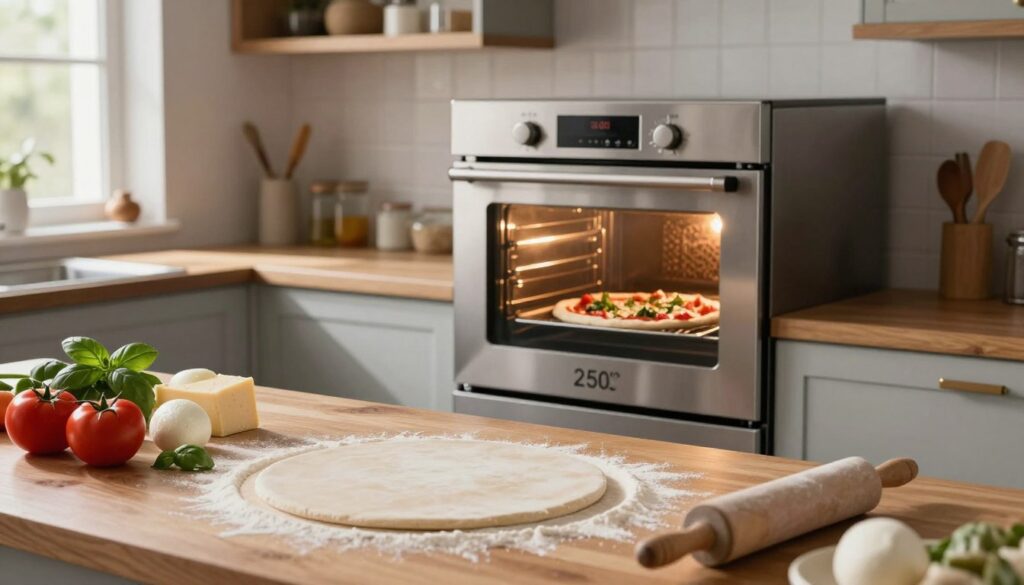 A modern kitchen setting featuring a sleek, stainless steel oven preheating to 250°C, surrounded by a few fresh ingredients for pizza-making, such as vibrant tomatoes, mozzarella cheese, and fresh basil. In the foreground, a well-lit, wooden kitchen counter showcases a pizza stone, with a rolling pin and flour scattered artistically around. The middle ground includes a close-up view of a gourmet pizza being assembled, with the oven’s warm glow illuminating the room. Soft, natural light streams in through a nearby window, casting gentle shadows that create a cozy atmosphere. In the background, modern kitchen cabinets and utensils add depth without distracting from the focus on the oven and pizza preparation. The overall mood is inviting and culinary-focused, perfect for illustrating a baking guide. A modern kitchen setting featuring a sleek, stainless steel oven preheating to 250°C, surrounded by a few fresh ingredients for pizza-making, such as vibrant tomatoes, mozzarella cheese, and fresh basil. In the foreground, a well-lit, wooden kitchen counter showcases a pizza stone, with a rolling pin and flour scattered artistically around. The middle ground includes a close-up view of a gourmet pizza being assembled, with the oven’s warm glow illuminating the room. Soft, natural light streams in through a nearby window, casting gentle shadows that create a cozy atmosphere. In the background, modern kitchen cabinets and utensils add depth without distracting from the focus on the oven and pizza preparation. The overall mood is inviting and culinary-focused, perfect for illustrating a baking guide.
