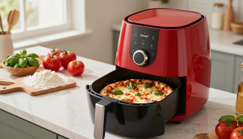 A modern kitchen setting showcasing an Air Fryer used to bake a delicious Guseppe pizza. In the foreground, focus on the Air Fryer with its vibrant, shiny exterior, open to reveal a perfectly cooked pizza with bubbling cheese and fresh toppings. The middle ground features an appealing countertop filled with essential pizza-making ingredients like flour, tomatoes, and basil. In the background, a window allows soft, natural light to fill the space, creating a warm and inviting atmosphere. Capture the scene from a slightly elevated angle to emphasize the air fryer and pizza, while maintaining a clean and tidy kitchen aesthetic. The mood is lively and inviting, reflecting the excitement of quick and easy pizza baking.