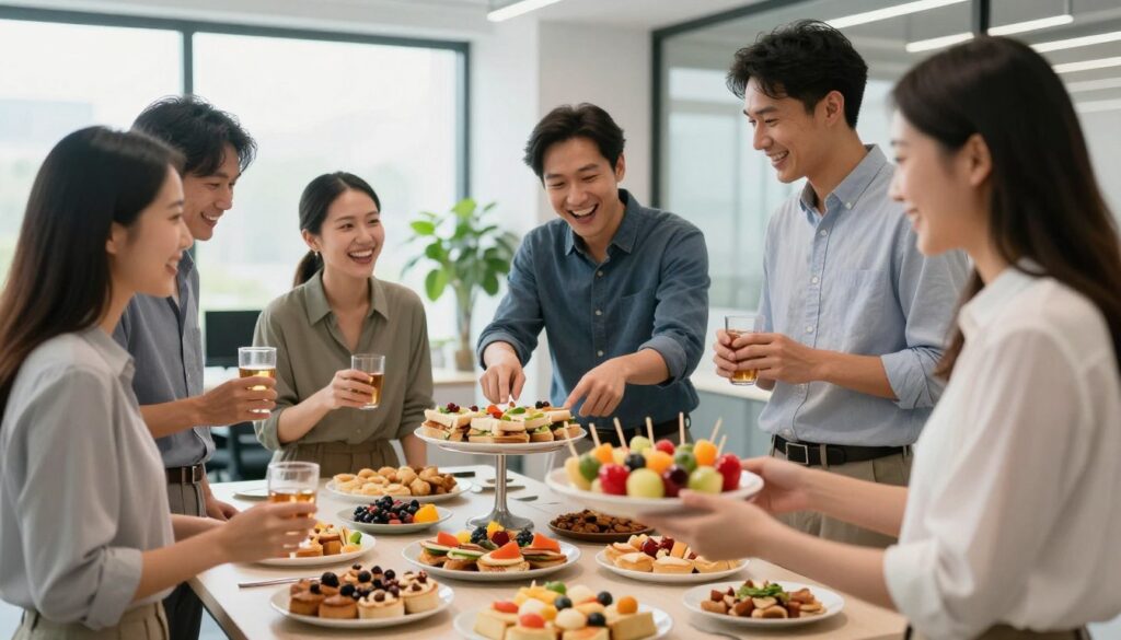 A modern office setting with a diverse group of colleagues, both men and women, dressed in smart casual clothing, gathering around a beautifully arranged table filled with various delicious snacks, appetizers, and pastries, conveying a sense of camaraderie and collaboration. In the foreground, focus on a cheerful woman offering a plate of colorful fruit skewers. In the middle ground, a man enthusiastically points to a platter of gourmet sandwiches while another colleague laughs, holding a drink. The background showcases a bright, airy office space with large windows, natural light streaming in, and greenery. The mood is warm and inviting, highlighting the joy of sharing food in a professional atmosphere.