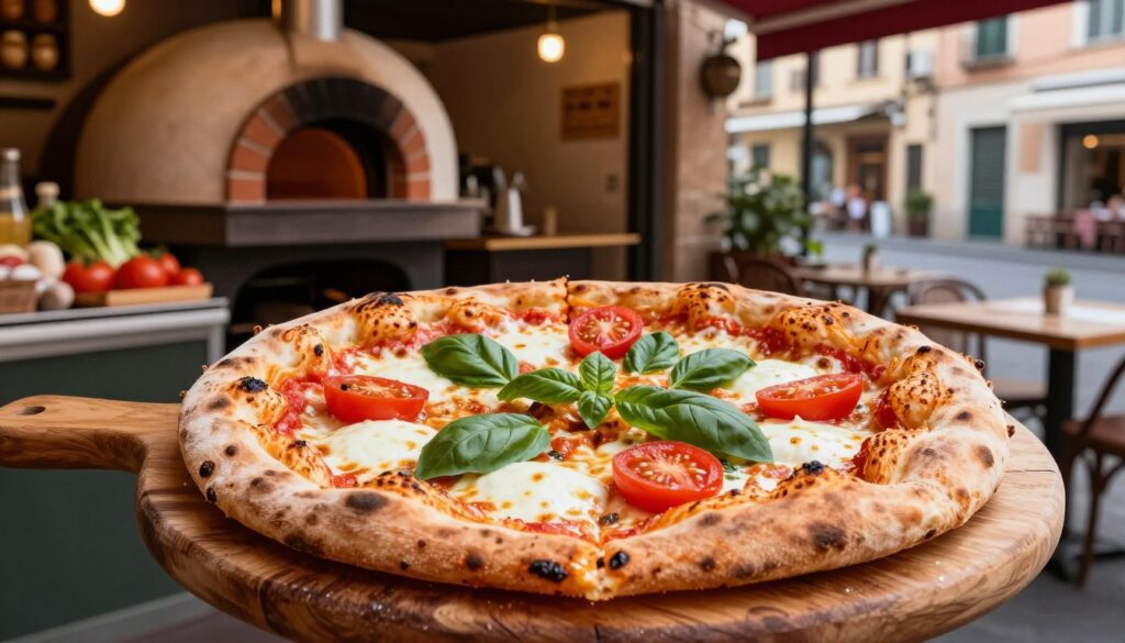 A mouthwatering slice of pizza al taglio displayed prominently in the foreground, showcasing its golden-brown crust, melted mozzarella cheese, and vibrant toppings like fresh basil and ripe tomatoes. The pizza should be served on a rustic wooden board, with a slight sheen reflecting the fresh ingredients. In the middle ground, a cozy Italian pizzeria is visible, capturing the essence of traditional pizza-making with a brick oven and fresh ingredients displayed. The background reveals charming Italian street views, hinting at a vibrant outdoor dining atmosphere. Warm, natural lighting bathes the scene, creating a welcoming and appetizing mood. The angle should be slightly overhead, emphasizing the texture of the pizza and the inviting ambiance of the pizzeria.