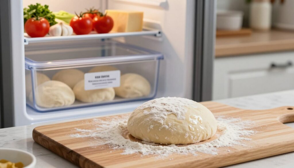 A neatly arranged scene depicting pizza dough being frozen in a modern kitchen setting. In the foreground, a wooden cutting board showcases a ball of dough, dusted with flour, glistening from condensation. The middle ground features a freezer with a transparent container, neatly packed with dough portions, labeled for easy identification. In the background, vibrant fresh ingredients like tomatoes, cheese, and herbs hint at pizza-making. Soft, warm lighting creates a cozy atmosphere, accentuating the textures of the dough and the inviting kitchen. The viewpoint is slightly elevated, capturing both the dough and the organized kitchen, evoking a sense of preparation and anticipation for pizza night. A neatly arranged scene depicting pizza dough being frozen in a modern kitchen setting. In the foreground, a wooden cutting board showcases a ball of dough, dusted with flour, glistening from condensation. The middle ground features a freezer with a transparent container, neatly packed with dough portions, labeled for easy identification. In the background, vibrant fresh ingredients like tomatoes, cheese, and herbs hint at pizza-making. Soft, warm lighting creates a cozy atmosphere, accentuating the textures of the dough and the inviting kitchen. The viewpoint is slightly elevated, capturing both the dough and the organized kitchen, evoking a sense of preparation and anticipation for pizza night.