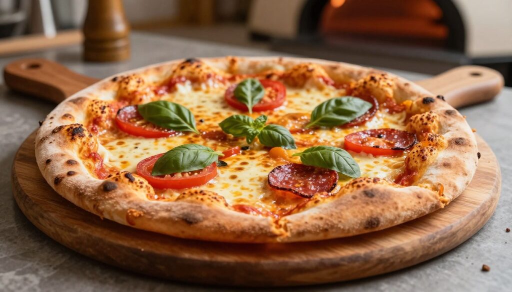 A perfectly cooked pizza, showcasing a dry and golden-brown crust, placed on a rustic wooden pizza peel. The foreground features the crust with a crispy texture and small bubbles, invitingly hot and fresh. In the middle, the pizza is adorned with vibrant, melted cheese and colorful toppings like ripe tomatoes, basil leaves, and slices of pepperoni, glistening under soft, warm lighting. The background fades softly to a cozy kitchen setting, with blurred utensils and a wood-fired oven creating a welcoming atmosphere. The image captures the essence of the perfect pizza, with a focus on the delightful texture and color of the crust, evoking a sense of anticipation and satisfaction.