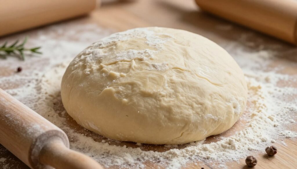 A perfectly proportioned pizza dough ball, showcasing ideal thickness and texture, rests on a rustic wooden surface dusted with flour. In the foreground, a rolling pin and a few scattered floury ingredients hint at the preparation process, creating a warm, inviting feel. The middle focus features the dough, with its smooth, elastic surface glistening slightly under soft natural light. In the background, faint shadows of various pizza toppings and herbs suggest the possibilities for customization without overwhelming the main subject. The atmosphere is cozy and homely, evoking the art of traditional pizza making. The image is captured from a low angle to highlight the dough's interior softness and elasticity, enhancing the visual appeal of crafting the perfect pizza crust. A perfectly proportioned pizza dough ball, showcasing ideal thickness and texture, rests on a rustic wooden surface dusted with flour. In the foreground, a rolling pin and a few scattered floury ingredients hint at the preparation process, creating a warm, inviting feel. The middle focus features the dough, with its smooth, elastic surface glistening slightly under soft natural light. In the background, faint shadows of various pizza toppings and herbs suggest the possibilities for customization without overwhelming the main subject. The atmosphere is cozy and homely, evoking the art of traditional pizza making. The image is captured from a low angle to highlight the dough's interior softness and elasticity, enhancing the visual appeal of crafting the perfect pizza crust.