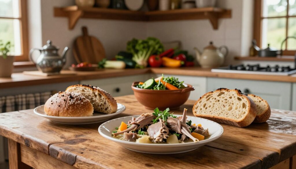A picturesque Polish kitchen steeped in tradition, featuring a rustic wooden table laden with a selection of traditional dishes made from crane meat. In the foreground, there is a beautifully presented plate of crane stew, garnished with fresh herbs, alongside a side of hearty, homemade bread. On the middle shelf, antique kitchen tools and pottery reflect the culinary history, while a colorful array of seasonal vegetables adds vibrancy. The background showcases a softly lit room with exposed wooden beams, where sunlight streams through a window, illuminating the kitchen's warmth. The overall atmosphere should evoke nostalgia and appreciation for culinary heritage, with a focus on natural tones and textures. Use a warm color palette and a slightly soft focus to enhance the inviting feel of the scene. A picturesque Polish kitchen steeped in tradition, featuring a rustic wooden table laden with a selection of traditional dishes made from crane meat. In the foreground, there is a beautifully presented plate of crane stew, garnished with fresh herbs, alongside a side of hearty, homemade bread. On the middle shelf, antique kitchen tools and pottery reflect the culinary history, while a colorful array of seasonal vegetables adds vibrancy. The background showcases a softly lit room with exposed wooden beams, where sunlight streams through a window, illuminating the kitchen's warmth. The overall atmosphere should evoke nostalgia and appreciation for culinary heritage, with a focus on natural tones and textures. Use a warm color palette and a slightly soft focus to enhance the inviting feel of the scene.