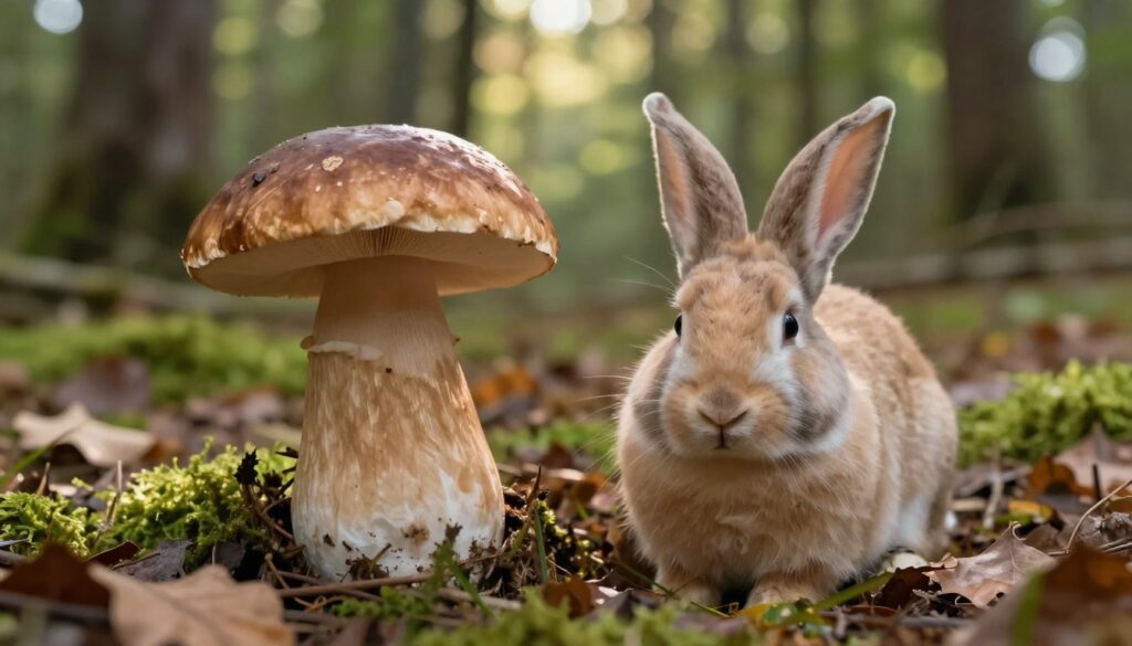 A realistic and detailed depiction of a Honey Mushroom and a Rabbit Mushroom side by side in a natural forest setting. In the foreground, showcase the distinctive features of the Honey Mushroom with its earthy brown cap and white stem, next to the lighter-colored Rabbit Mushroom with a smooth surface and subtle hue variations. The middle ground should feature a soft focus on scattered dried leaves, moss, and patches of grass, hinting at the forest floor. In the background, the tall trees with dappled sunlight filtering through their leaves create a serene and inviting atmosphere. Use warm, natural lighting to enhance the earthy tones, with a depth of field that emphasizes the mushrooms while softly blurring the background. The overall mood should be calm and educational, perfect for identifying edible versus non-edible species.