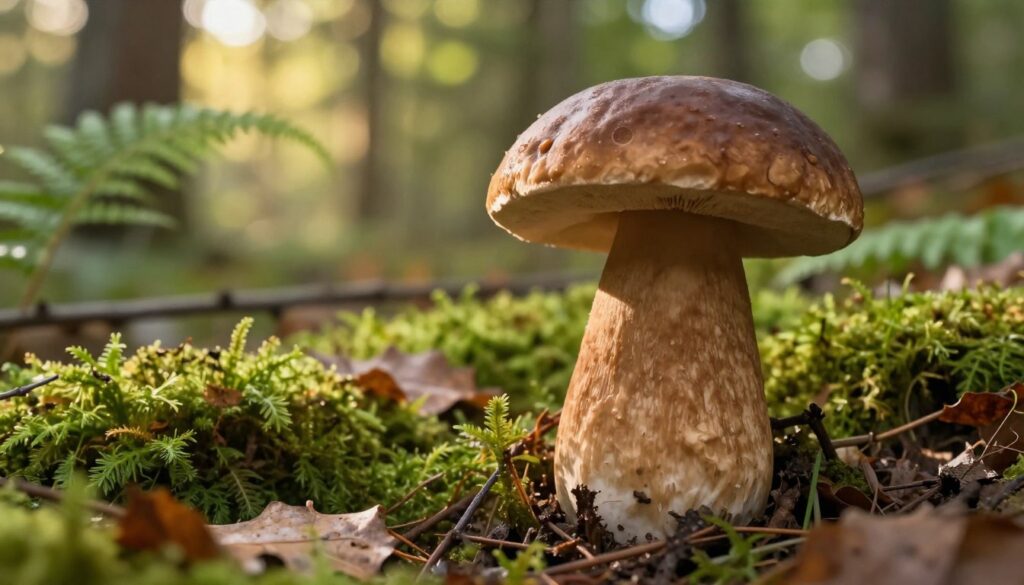 A realistic and detailed image of the edible mushroom Koźlarz babka, also known as the bay bolete, prominently displayed in the foreground. The mushroom should have a smooth, brownish cap with a slightly sticky texture and a thick, bulbous stem that appears sturdy and strong. In the middle ground, surround the mushroom with lush green forest foliage, including moss, ferns, and a soft layer of decaying leaves to evoke its natural habitat. The background should feature soft focus trees and dappled sunlight filtering through the branches, creating a serene and inviting atmosphere. The lighting should be warm and inviting, capturing the essence of an autumn forest. The scene should evoke curiosity and warmth, perfect for showcasing the appeal of this edible mushroom.