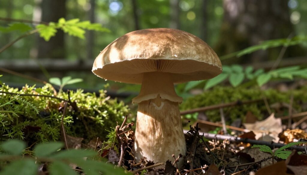 A realistic depiction of a Borowik amerykański mushroom, showcasing its characteristic features such as the thick, light brown cap and wide, creamy stem, in a lush forest setting. The foreground features the mushroom prominently highlighted by soft, dappled sunlight filtering through the leaves above, casting gentle shadows on the forest floor. In the middle ground, various types of foliage and moss create a rich, natural habitat, while the background includes blurred hints of trees and greenery, suggesting depth. The mood is serene and educational, inviting viewers to appreciate the beauty of nature while emphasizing the importance of mushroom safety. The lighting is warm and inviting, enhancing the earthy tones of the scene.