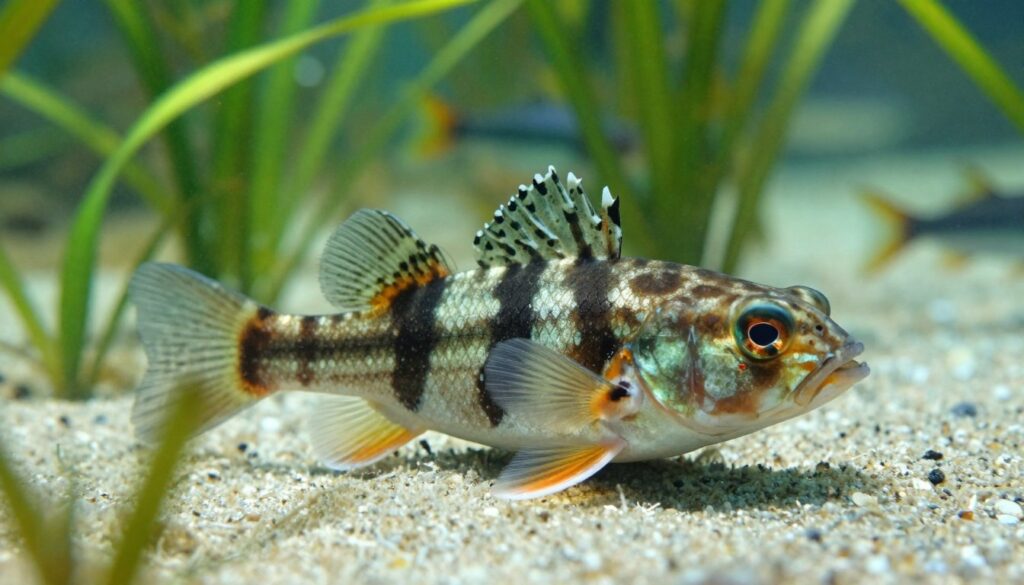 A realistic depiction of a male sand goby fish, known as "płetwie grzbietowej," prominently featured in the foreground, showcasing its distinctive dorsal fin and vibrant markings. The fish should be positioned against a lush underwater environment, with sandy seabed and gentle aquatic plants surrounding it. The mid-ground includes soft, diffused light filtering through the water, creating a serene atmosphere. In the background, blurred silhouettes of other fish hint at the ecosystem, but the focus remains on the sand goby. The image should evoke a sense of calmness and natural beauty, captured with a slightly downward angle, as if peering into its underwater habitat.