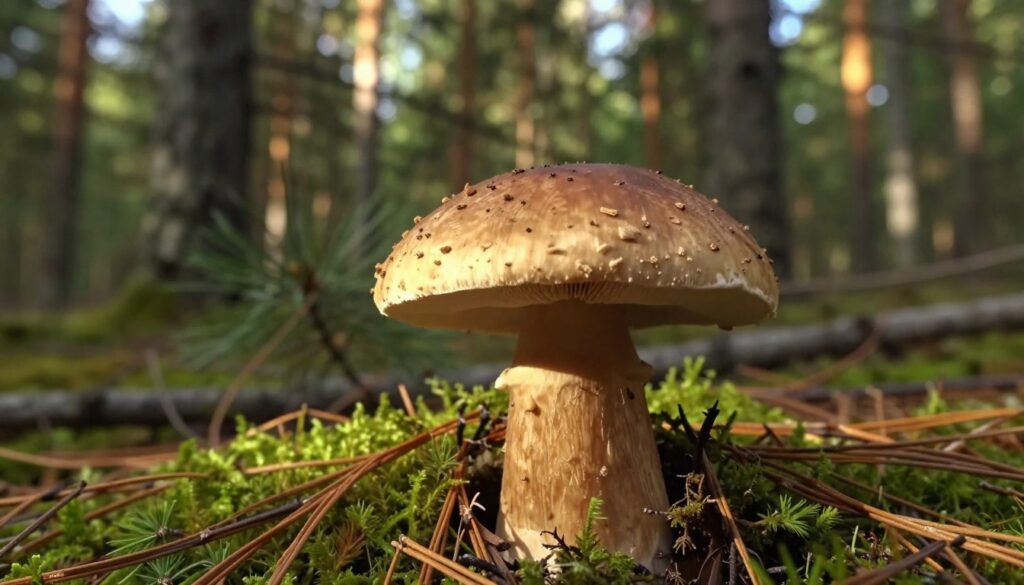 A realistic depiction of a "siedzuń sosnowy" mushroom, prominently foregrounded, showcasing its distinctive cap with a light brown to golden hue, adorned with small, delicate scales. The mushroom stands on a bed of moss, surrounded by pine needles, illustrating its natural habitat. In the middle ground, a dense cluster of pine trees blurs slightly into the background, with soft, dappled sunlight filtering through the branches, creating a serene atmosphere. The lighting is warm and inviting, enhancing the earthy tones of the mushroom and surrounding environment. The angle is low, capturing the mushroom at eye level, drawing attention to its unique features. The overall mood is tranquil and organic, emphasizing the beauty of this lesser-known edible fungus in its native setting.