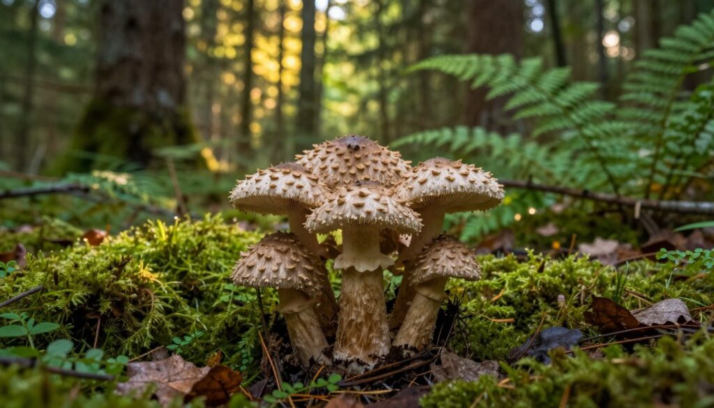 A realistic depiction of the Kolczak obłączasty mushroom, known for its unique shapes and spines, nestled among lush greenery in a dense forest in Poland. The foreground features the mushroom prominently, showcasing its distinctive texture and coloration, surrounded by moss and fallen leaves. In the middle ground, soft beams of dappled sunlight filter through the tree canopy, creating a serene and enchanting atmosphere. The background includes tall trees and ferns, enhancing the sense of depth in the forest setting. The lighting is warm and inviting, capturing the tranquility of the woodland. The image should evoke a sense of discovery and connection with nature, focusing on the beauty and mystery of this edible mushroom in its natural habitat.