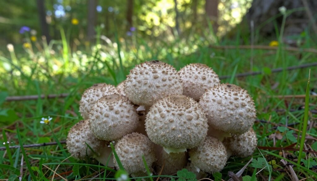 A realistic depiction of the rough stalked puffball mushroom (Lycoperdon perlatum) in its natural habitat. The foreground features a cluster of the round, textured mushrooms with a slightly mottled surface, showcasing their unique rough exterior. The middle ground includes a soft blur of lush green grass and wildflowers, emphasizing the natural setting. In the background, dappled sunlight filters through a canopy of trees, casting a serene, inviting atmosphere. The angle is slightly low, highlighting the size and detail of the mushrooms against the vibrant greenery. The lighting is soft and diffuse, creating gentle shadows that add depth to the composition, evoking a sense of tranquility and discovery in nature. A realistic depiction of the rough stalked puffball mushroom (Lycoperdon perlatum) in its natural habitat. The foreground features a cluster of the round, textured mushrooms with a slightly mottled surface, showcasing their unique rough exterior. The middle ground includes a soft blur of lush green grass and wildflowers, emphasizing the natural setting. In the background, dappled sunlight filters through a canopy of trees, casting a serene, inviting atmosphere. The angle is slightly low, highlighting the size and detail of the mushrooms against the vibrant greenery. The lighting is soft and diffuse, creating gentle shadows that add depth to the composition, evoking a sense of tranquility and discovery in nature.