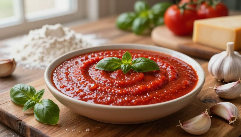 A rich and vibrant tomato sauce sits in the center of a rustic wooden table, with a small sprig of fresh basil and garlic cloves surrounding it as garnishes. The sauce is deep red, with glistening oil droplets reflecting the light. In the background, there's an out-of-focus view of ingredients typically used for pizza, such as flour, cheese, and fresh vegetables, creating a warm and inviting atmosphere. The lighting is soft and natural, filtering through a nearby window to highlight the textures of the sauce and ingredients. The camera angle is slightly overhead, emphasizing the allure of the sauce while hinting at its potential as a perfect pizza base. The mood is cozy and appetizing, perfect for a culinary setting.