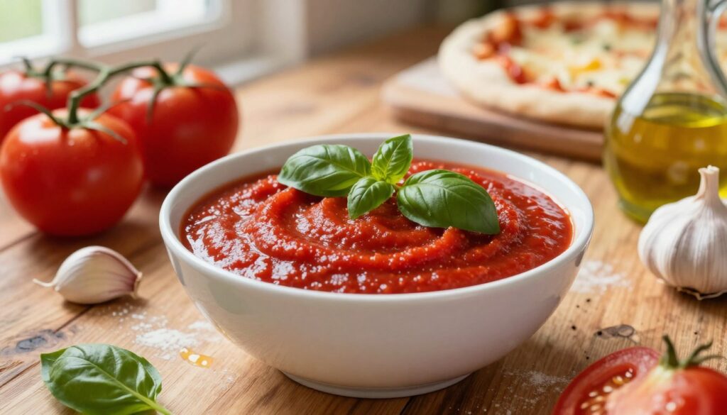 A rich, vibrant bowl of homemade pizza sauce sits centrally in the foreground, showcasing its deep red color adorned with fresh basil leaves on top. The sauce glistens, indicating its robust, intense tomato flavor. Surrounding the bowl, fresh ingredients like ripe tomatoes, garlic cloves, and a splash of olive oil create an inviting atmosphere, hinting at the simplicity of the recipe. In the middle ground, a rustic wooden table adds warmth, enhancing the cozy feel of an Italian kitchen. Soft, natural lighting streams in from a nearby window, casting gentle shadows and highlighting the sauce's texture. In the background, blurred hints of a pizza dough and cheese convey a homely ambiance, emphasizing the association with authentic pizzeria flavors. The mood is inviting and flavorful, perfect for illustrating the essence of a traditional pizza sauce. A rich, vibrant bowl of homemade pizza sauce sits centrally in the foreground, showcasing its deep red color adorned with fresh basil leaves on top. The sauce glistens, indicating its robust, intense tomato flavor. Surrounding the bowl, fresh ingredients like ripe tomatoes, garlic cloves, and a splash of olive oil create an inviting atmosphere, hinting at the simplicity of the recipe. In the middle ground, a rustic wooden table adds warmth, enhancing the cozy feel of an Italian kitchen. Soft, natural lighting streams in from a nearby window, casting gentle shadows and highlighting the sauce's texture. In the background, blurred hints of a pizza dough and cheese convey a homely ambiance, emphasizing the association with authentic pizzeria flavors. The mood is inviting and flavorful, perfect for illustrating the essence of a traditional pizza sauce.