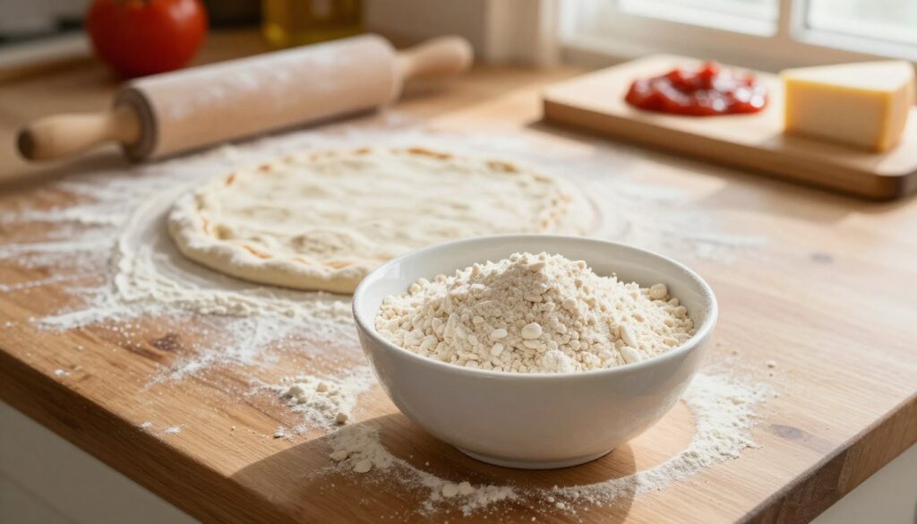 A rustic kitchen workspace showcasing a wooden countertop lightly dusted with semolina flour, a vibrant white bowl filled with the semolina placed prominently in the foreground. In the middle ground, a freshly prepared pizza dough sits ready to be stretched, glistening softly under warm natural light. Background elements include a rolling pin, some scattered bits of semolina, and a wooden cutting board with a few ingredients like tomato sauce and cheese, hinting at the pizza-making process. The atmosphere feels warm and inviting, with subtle sunlight filtering through a window, creating soft shadows. The composition highlights the importance of semolina for perfecting pizza dough, focused and detailed to inspire creativity in cooking.
