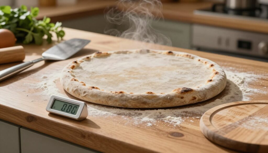 A rustic pizza stone resting on a wooden kitchen counter, slightly dusted with flour, showing signs of heat with subtle char marks around its edges. In the foreground, a digital thermometer displays a temperature reading, indicating it's just been removed from the oven, with steam softly rising in the background. A stainless steel spatula and a round wooden pizza peel are positioned nearby, ready for use. The lighting is warm and inviting, casting gentle shadows that enhance the stone's texture and the kitchen ambiance. The background reveals a cozy kitchen with blurred elements, including herbs and a wooden cutting board, creating a homely, culinary atmosphere focused on pizza preparation and care. A rustic pizza stone resting on a wooden kitchen counter, slightly dusted with flour, showing signs of heat with subtle char marks around its edges. In the foreground, a digital thermometer displays a temperature reading, indicating it's just been removed from the oven, with steam softly rising in the background. A stainless steel spatula and a round wooden pizza peel are positioned nearby, ready for use. The lighting is warm and inviting, casting gentle shadows that enhance the stone's texture and the kitchen ambiance. The background reveals a cozy kitchen with blurred elements, including herbs and a wooden cutting board, creating a homely, culinary atmosphere focused on pizza preparation and care.