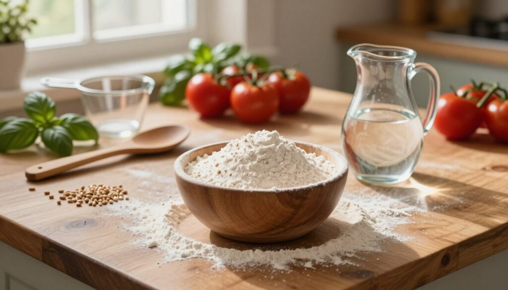 A rustic wooden kitchen table is the setting, with a close-up view of a bowl containing measured flour and a small jug of water beside it, highlighting the proportions required for pizza dough. In the foreground, grains of flour are scattered artistically around the bowl, adding texture. The middle ground features kitchen utensils like a measuring cup and a wooden spoon, while in the background, a soft-focus array of fresh ingredients like ripe tomatoes and basil can be seen. The lighting is warm and natural, mimicking afternoon sunlight filtering through a window. The overall mood evokes a sense of homey preparation, inviting and serene, perfect for culinary exploration. A rustic wooden kitchen table is the setting, with a close-up view of a bowl containing measured flour and a small jug of water beside it, highlighting the proportions required for pizza dough. In the foreground, grains of flour are scattered artistically around the bowl, adding texture. The middle ground features kitchen utensils like a measuring cup and a wooden spoon, while in the background, a soft-focus array of fresh ingredients like ripe tomatoes and basil can be seen. The lighting is warm and natural, mimicking afternoon sunlight filtering through a window. The overall mood evokes a sense of homey preparation, inviting and serene, perfect for culinary exploration.