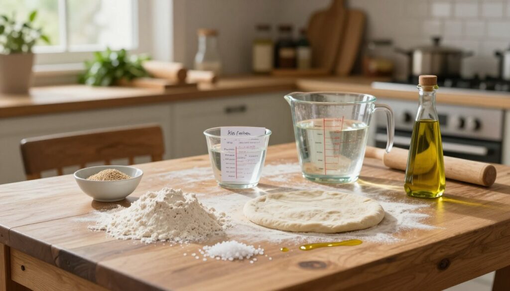 A rustic wooden table serves as the foreground, displaying a variety of fresh pizza dough ingredients: a mound of flour, a small bowl of yeast, a scattering of sea salt, and a drizzle of olive oil. In the middle, a measuring cup filled with warm water and a recipe card with handwritten notes are placed alongside, inviting the viewer to create. The background shows a softly lit kitchen, with blurred shelves showcasing herbs and spices. Warm natural light streams in from a window, casting gentle shadows and creating a cozy atmosphere. The composition captures the essence of pizza-making, emphasizing the carefully selected ingredients for the perfect dough. The angle is slightly above eye-level, offering an inviting perspective. A rustic wooden table serves as the foreground, displaying a variety of fresh pizza dough ingredients: a mound of flour, a small bowl of yeast, a scattering of sea salt, and a drizzle of olive oil. In the middle, a measuring cup filled with warm water and a recipe card with handwritten notes are placed alongside, inviting the viewer to create. The background shows a softly lit kitchen, with blurred shelves showcasing herbs and spices. Warm natural light streams in from a window, casting gentle shadows and creating a cozy atmosphere. The composition captures the essence of pizza-making, emphasizing the carefully selected ingredients for the perfect dough. The angle is slightly above eye-level, offering an inviting perspective.