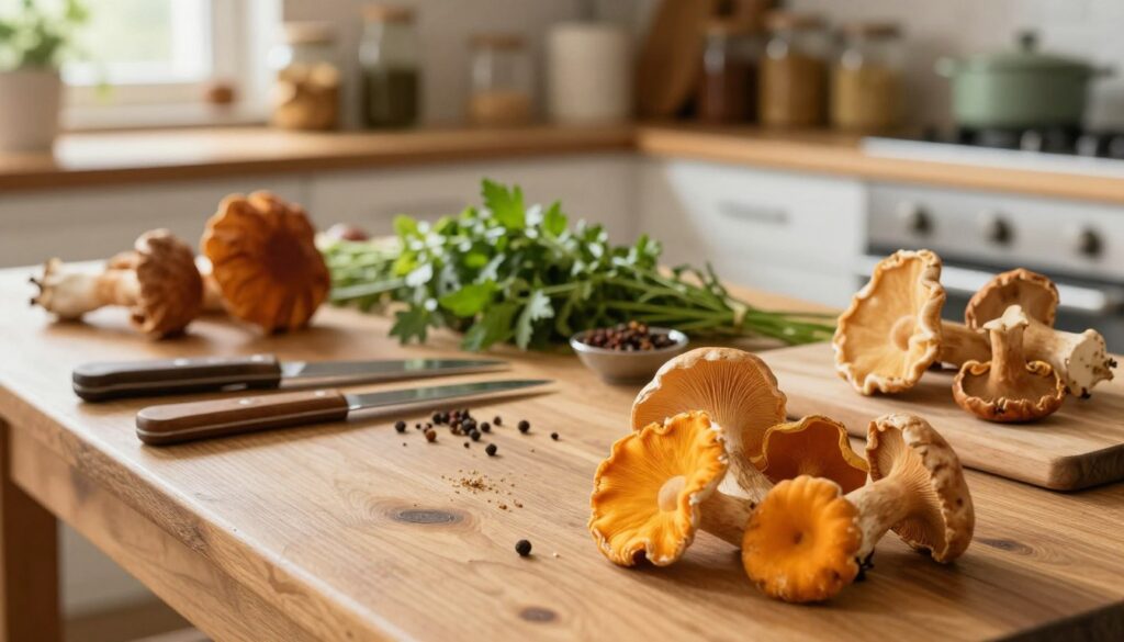 A rustic wooden table setup in a sunlit kitchen, featuring a variety of freshly picked saffron milk caps (rydz) laid out for inspection. In the foreground, focus on a few mushrooms with vivid orange caps, showcasing their distinct characteristics. Interspersed are small utensils like a knife and a cutting board, suggesting preparation. In the middle, arrange a vibrant assortment of herbs and spices, hinting at culinary use. The background features shelves lined with jars and pots, creating a warm, inviting atmosphere. Soft, natural lighting enhances the textures of the mushrooms, while a slight depth of field blurs the background for emphasis. Aim for a cozy, homey vibe that embodies the freshness and appeal of culinary exploration. A rustic wooden table setup in a sunlit kitchen, featuring a variety of freshly picked saffron milk caps (rydz) laid out for inspection. In the foreground, focus on a few mushrooms with vivid orange caps, showcasing their distinct characteristics. Interspersed are small utensils like a knife and a cutting board, suggesting preparation. In the middle, arrange a vibrant assortment of herbs and spices, hinting at culinary use. The background features shelves lined with jars and pots, creating a warm, inviting atmosphere. Soft, natural lighting enhances the textures of the mushrooms, while a slight depth of field blurs the background for emphasis. Aim for a cozy, homey vibe that embodies the freshness and appeal of culinary exploration.