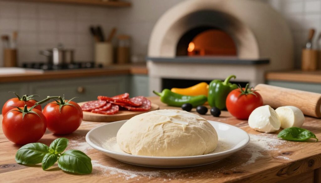 A rustic wooden table showcases a variety of fresh pizza ingredients in vivid detail. In the foreground, a smooth bowl holds a perfectly kneaded ball of pizza dough, surrounded by ingredients like vibrant red tomatoes, fragrant basil leaves, and creamy mozzarella cheese. In the middle, an assortment of colorful pepperoni slices, green bell peppers, and black olives adds a playful contrast. Behind, a dimly lit modern kitchen casts gentle shadows, with a traditional stone pizza oven glowing warmly, invitingly lit from within. The mood is cozy and inviting, evoking the warmth of home-cooked meals. Soft, natural lighting highlights the freshness of the ingredients, creating an appetizing atmosphere ideal for a culinary article. Focus on capturing the essence of pizza-making preparation.