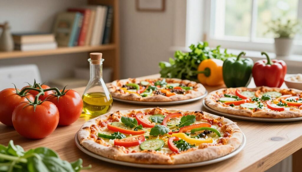 A scientific study scene centered around healthy pizza ingredients, including fresh tomatoes, colorful bell peppers, and leafy greens, arranged artfully on a wooden table. In the foreground, a close-up view of a well-prepared pizza with vibrant vegetables, herbs, and a drizzle of olive oil, depicting its potential health benefits. The middle ground features a variety of pizza options, showcasing whole grain crusts and nutritious toppings. The background includes soft-focus shelves filled with cookbooks and fresh herbs, creating a warm, inviting atmosphere. Soft natural light filters through a window, casting gentle shadows and highlighting the textures of the ingredients. The overall mood is vibrant and informative, conveying a sense of exploration into the health aspects of pizza.