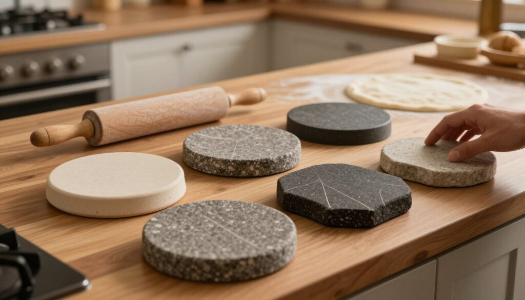 A selection of pizza stones displayed on a wooden kitchen countertop, showcasing various materials and sizes, such as ceramic, cordierite, and steel. Each stone is elegantly arranged to highlight their textures, with a focus on their unique surface patterns. In the foreground, a hand reaches for a specific pizza stone, emphasizing the decision-making process in choosing the right one. In the middle, a rolling pin and a freshly made pizza dough lie invitingly. The background features warm, ambient kitchen lighting, creating a cozy atmosphere, with soft shadows that enhance the image’s depth. Captured from a slightly elevated angle to draw attention to the stones and kitchen setup, evoking a sense of culinary adventure and home cooking. A selection of pizza stones displayed on a wooden kitchen countertop, showcasing various materials and sizes, such as ceramic, cordierite, and steel. Each stone is elegantly arranged to highlight their textures, with a focus on their unique surface patterns. In the foreground, a hand reaches for a specific pizza stone, emphasizing the decision-making process in choosing the right one. In the middle, a rolling pin and a freshly made pizza dough lie invitingly. The background features warm, ambient kitchen lighting, creating a cozy atmosphere, with soft shadows that enhance the image’s depth. Captured from a slightly elevated angle to draw attention to the stones and kitchen setup, evoking a sense of culinary adventure and home cooking.