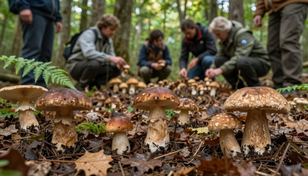 A serene forest scene focusing on a detailed and realistic depiction of various types of fungi, particularly the huba mushroom. In the foreground, showcase a selection of huba mushrooms with their distinct textures and colors, including both edible and inedible varieties, ensuring clear identification features. Surrounding them, include fallen leaves and ferns to emphasize the natural setting. In the middle ground, feature a small group of people dressed in professional attire engaged in safe foraging practices, such as examining the mushrooms with attention. The background should reveal a soft-focused forest canopy with dappled sunlight filtering through, creating an inviting yet cautious mood. Capture this scene with a slightly elevated angle to provide a comprehensive view of the mushroom gathering activity.