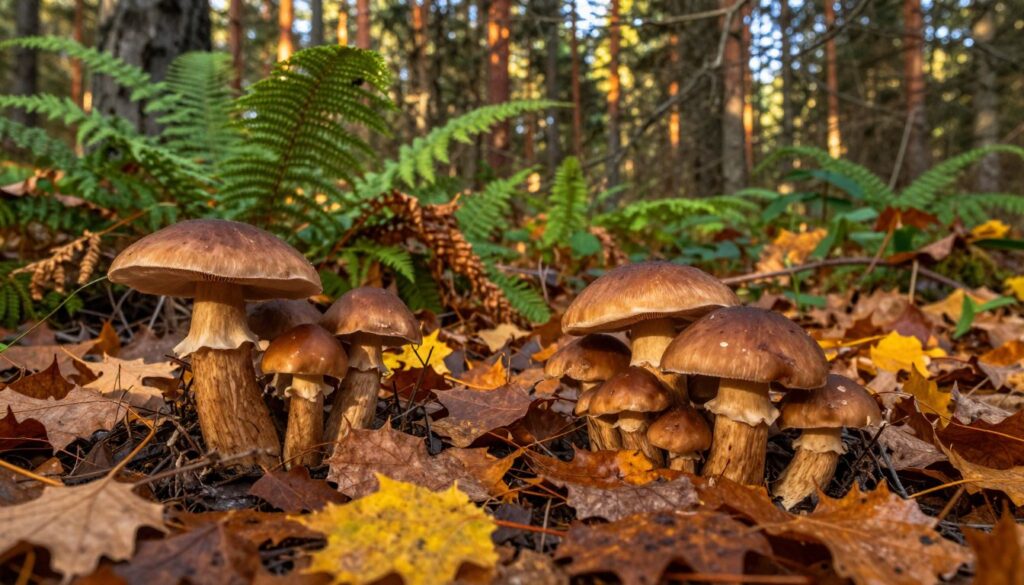 A serene forest scene in Poland during autumn, showcasing a cluster of brown cap mushrooms (podgrzybek brunatny) nestled among a carpet of vibrant fallen leaves. In the foreground, the mushrooms are depicted with rich, earthy tones and a glossy texture, accentuating their natural allure. The middle ground features a mix of lush green ferns and small shrubs, while the background includes soft-focus pine trees with dappled sunlight filtering through the branches, casting gentle shadows on the ground. The overall atmosphere is tranquil and inviting, evoking a sense of adventure for foragers. The lighting is warm and golden, reminiscent of late afternoon sunlight, enhancing the colors and details of the mushrooms. The camera angle is slightly low, adding depth to the scene while keeping the focus on the fungi.