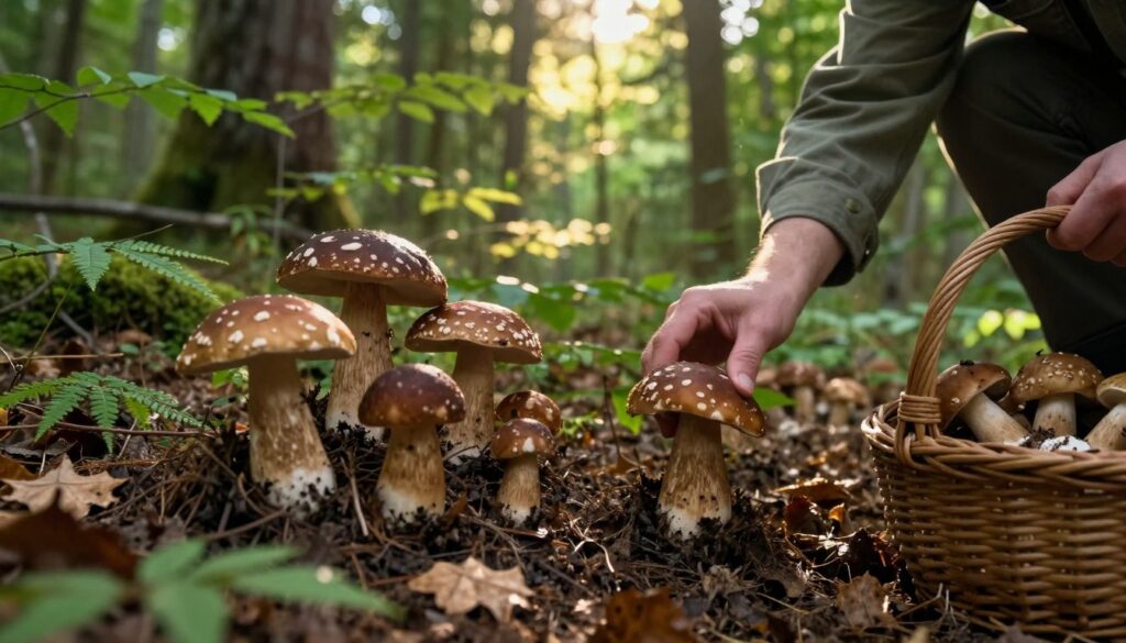 A serene forest scene showcasing the safe collection of spotted boletes (maślaki pstre). In the foreground, a person dressed in modest outdoor clothing examines the mushrooms carefully, using a basket for gathering. The middle ground features a variety of spotted boletes nestled among the rich, dark soil and fallen leaves, highlighting their distinctive caps and textures. Lush green foliage and soft, dappled sunlight filter through the trees in the background, contributing to a calm, inviting atmosphere. The lighting is warm and natural, suggesting a late afternoon. The composition includes a low angle to emphasize the mushrooms and the careful selection process in a nature-filled environment, fostering a sense of appreciation for safe foraging practices. A serene forest scene showcasing the safe collection of spotted boletes (maślaki pstre). In the foreground, a person dressed in modest outdoor clothing examines the mushrooms carefully, using a basket for gathering. The middle ground features a variety of spotted boletes nestled among the rich, dark soil and fallen leaves, highlighting their distinctive caps and textures. Lush green foliage and soft, dappled sunlight filter through the trees in the background, contributing to a calm, inviting atmosphere. The lighting is warm and natural, suggesting a late afternoon. The composition includes a low angle to emphasize the mushrooms and the careful selection process in a nature-filled environment, fostering a sense of appreciation for safe foraging practices.