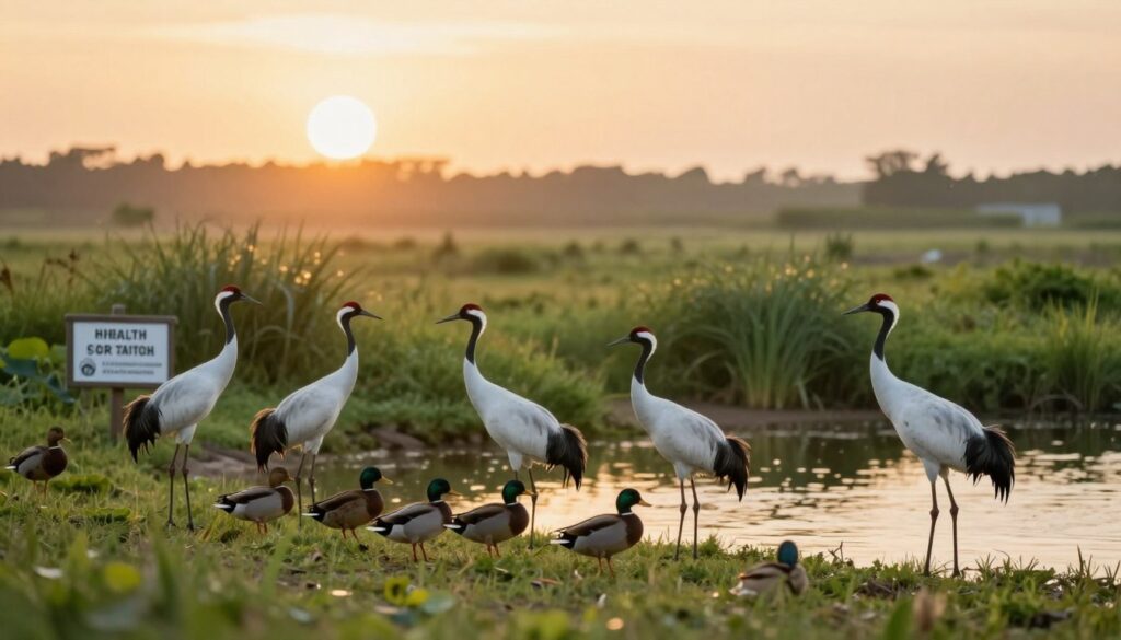 A serene outdoor scene depicting the health and safety of wild birds in a natural habitat. In the foreground, a variety of birds such as cranes and wild ducks are perched near a pristine water source, showcasing their natural behavior. The middle ground features lush green vegetation and a small rustic sign that indicates health safety measures for wildlife. In the background, a gently rising sun casts warm golden light across the landscape, creating a tranquil atmosphere. The image should be captured with a soft focus lens, emphasizing the birds and their surroundings, while highlighting the importance of sanitation and safety in wildlife. Aim for a peaceful, informative mood that conveys the significance of sanitary awareness in wild bird populations. Total scene should be vivid and inviting, free of any text or markings. A serene outdoor scene depicting the health and safety of wild birds in a natural habitat. In the foreground, a variety of birds such as cranes and wild ducks are perched near a pristine water source, showcasing their natural behavior. The middle ground features lush green vegetation and a small rustic sign that indicates health safety measures for wildlife. In the background, a gently rising sun casts warm golden light across the landscape, creating a tranquil atmosphere. The image should be captured with a soft focus lens, emphasizing the birds and their surroundings, while highlighting the importance of sanitation and safety in wildlife. Aim for a peaceful, informative mood that conveys the significance of sanitary awareness in wild bird populations. Total scene should be vivid and inviting, free of any text or markings.