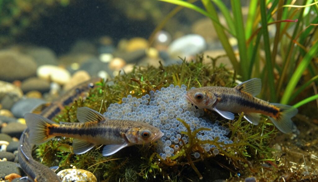 A serene underwater scene depicting the spawning of loaches, showcasing a dense cluster of small, translucent fish eggs nestled among soft, mossy riverbed vegetation. In the foreground, a few adult loaches, with their elongated bodies and distinctive coloration, are gently swimming around the spawning site, exhibiting a natural behavior of nurturing. The middle ground features a blurred view of flowing water with dappled sunlight filtering through, creating a play of light that adds depth and tranquility to the scene. The background includes soft aquatic plants and pebbles, enhancing the habitat's richness. The overall mood is peaceful and serene, with a focus on the lifecycle of the loaches, captured in a realistic, vibrant style. The lighting is soft and natural, emphasizing the beauty of the underwater environment. A serene underwater scene depicting the spawning of loaches, showcasing a dense cluster of small, translucent fish eggs nestled among soft, mossy riverbed vegetation. In the foreground, a few adult loaches, with their elongated bodies and distinctive coloration, are gently swimming around the spawning site, exhibiting a natural behavior of nurturing. The middle ground features a blurred view of flowing water with dappled sunlight filtering through, creating a play of light that adds depth and tranquility to the scene. The background includes soft aquatic plants and pebbles, enhancing the habitat's richness. The overall mood is peaceful and serene, with a focus on the lifecycle of the loaches, captured in a realistic, vibrant style. The lighting is soft and natural, emphasizing the beauty of the underwater environment.