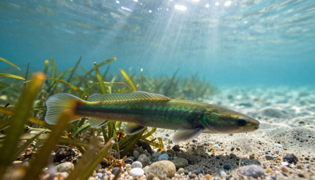A serene underwater scene featuring a "wody piskorz" in its natural habitat, showcasing its elongated body with a smooth, reflective skin in shades of green and brown. In the foreground, the piskorz gracefully swims near lush aquatic vegetation, revealing its fin details. The middle ground captures the gentle ripples of water, adding a sense of movement, while small pebbles and sand provide texture to the underwater floor. In the background, soft beams of sunlight penetrate the water, creating a tranquil and inviting atmosphere. The image is rendered in bright, natural lighting, using a wide-angle lens perspective to encompass the beauty of the ecosystem and emphasize the piskorz's habitat in Polish waters. A serene underwater scene featuring a "wody piskorz" in its natural habitat, showcasing its elongated body with a smooth, reflective skin in shades of green and brown. In the foreground, the piskorz gracefully swims near lush aquatic vegetation, revealing its fin details. The middle ground captures the gentle ripples of water, adding a sense of movement, while small pebbles and sand provide texture to the underwater floor. In the background, soft beams of sunlight penetrate the water, creating a tranquil and inviting atmosphere. The image is rendered in bright, natural lighting, using a wide-angle lens perspective to encompass the beauty of the ecosystem and emphasize the piskorz's habitat in Polish waters.
