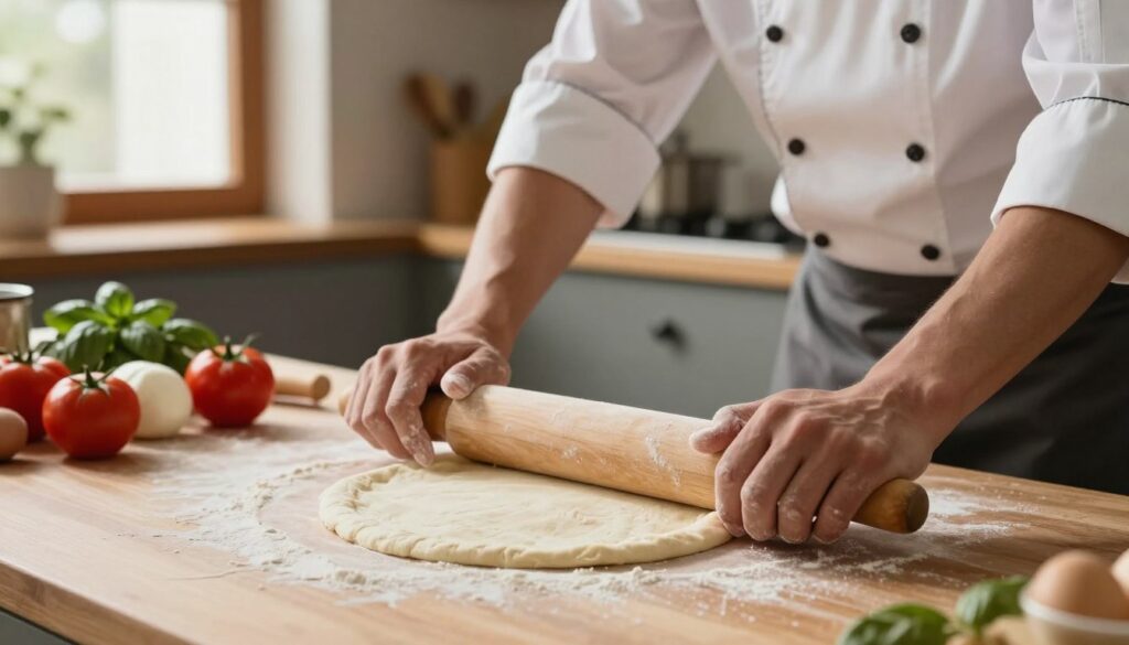 A skilled chef focuses intently on forming pizza dough, expertly stretching a round disc of dough on a wooden countertop. In the foreground, show the chef’s hands, dusted with flour, gently coaxing the edges of the dough outward with a rolling pin, while the dough itself is soft and elastic. In the middle ground, include a variety of ingredients such as fresh tomatoes, basil, and mozzarella, hinting at the pizza to come. The background features a warm, inviting kitchen with natural light streaming in from a window, illuminating the scene and creating a cozy atmosphere. Emphasize the texture of the dough and the chef's concentration for a captivating and instructional vibe that showcases the dough forming process.