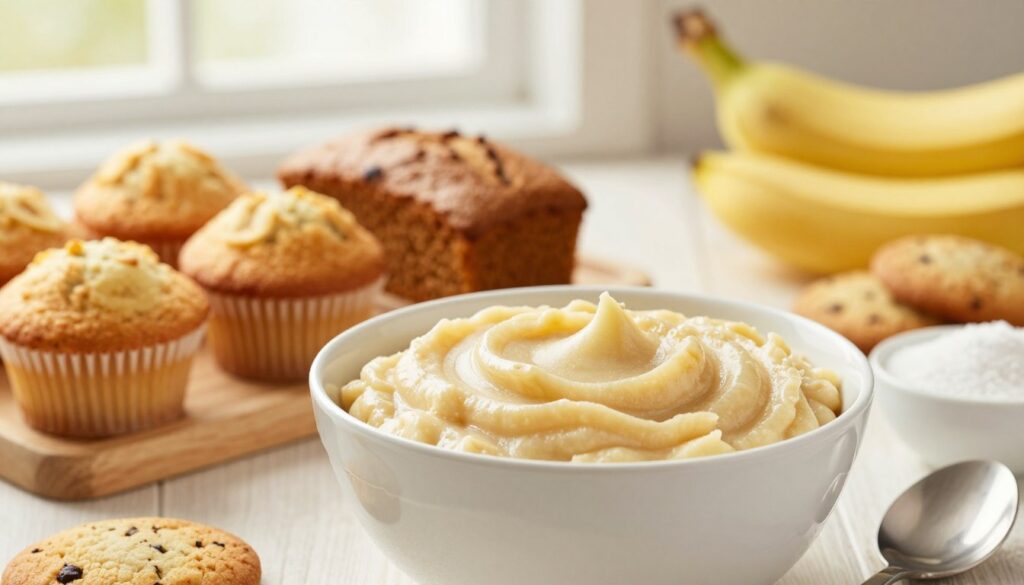 A smooth, creamy bowl of banana purée sits invitingly in the foreground, with a spoon resting beside it. The middle ground features various types of baked goods—fluffy muffins, moist cakes, and golden-brown cookies—showcasing how the banana purée can replace butter in these recipes. In the background, a soft-focus kitchen setting with warm, natural light filtering through a window creates a cozy and inviting atmosphere. A few bananas and baking ingredients like flour and a small bowl of sugar hint at the easy, homey preparation process. The overall mood should be warm and comforting, emphasizing the sweetness and moisture that fruit purées bring to baking, with a shallow depth of field highlighting the bowl of purée.
