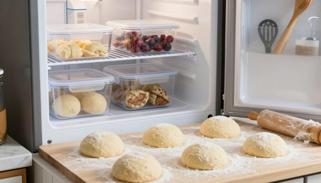A step-by-step illustration of freezing pizza dough, showcasing the process in a well-lit kitchen setting. In the foreground, several portions of pizza dough are neatly shaped into balls on a lightly floured surface, with some wrapped in plastic wrap to preserve freshness. The middle layer features a well-organized freezer, with clear containers labeled for easy identification, maintaining an inviting and orderly appearance. The background highlights kitchen utensils and a marble countertop, accented by natural light streaming through a window, creating a warm and homely atmosphere. The overall mood is practical yet inviting, capturing the essence of culinary preparation and food preservation techniques. A step-by-step illustration of freezing pizza dough, showcasing the process in a well-lit kitchen setting. In the foreground, several portions of pizza dough are neatly shaped into balls on a lightly floured surface, with some wrapped in plastic wrap to preserve freshness. The middle layer features a well-organized freezer, with clear containers labeled for easy identification, maintaining an inviting and orderly appearance. The background highlights kitchen utensils and a marble countertop, accented by natural light streaming through a window, creating a warm and homely atmosphere. The overall mood is practical yet inviting, capturing the essence of culinary preparation and food preservation techniques.